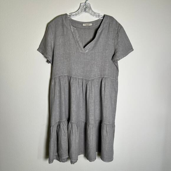 Francesca Bettini Linen Short Sleeve V-Neck Tiered Mini Dress Women's Small Gray - Picture 1 of 5